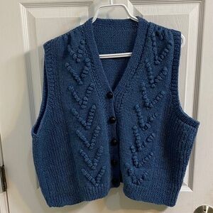 Vintage Hand Knit Blue Bubble V Unisex Vest Button Up Size XL Coastal Grandma